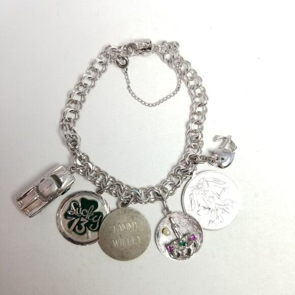 Vintage Sterling Silver Double Link Chain Charm Bracelet with 6 Charms, Estate - Picture 1 of 12